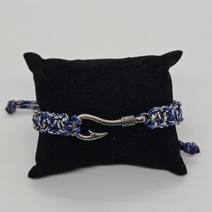 blue black white macrame slider bracelet with fish hook charm